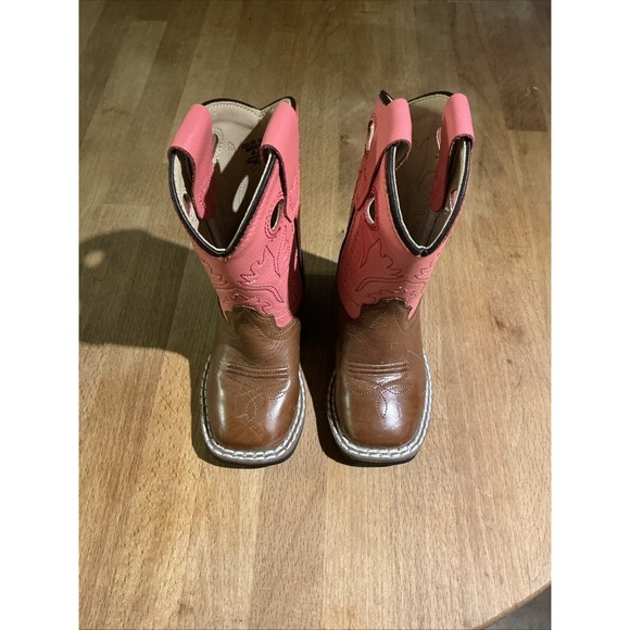 Old West CW2552Y Cowboy Boots Leather Upper Pink & Brown Toddler size US 4.5 - Picture 2 of 15